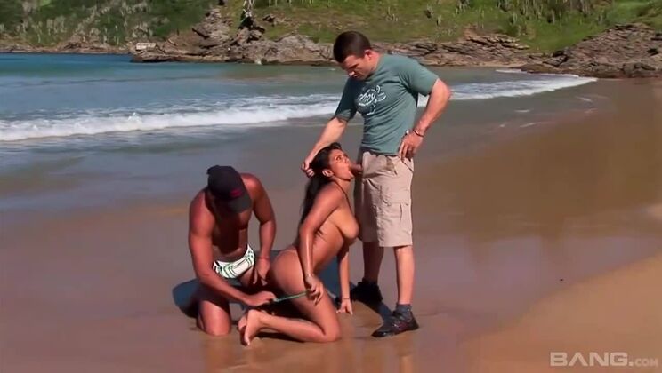 Threesome Beach Scene: Brunette and Big Cocks