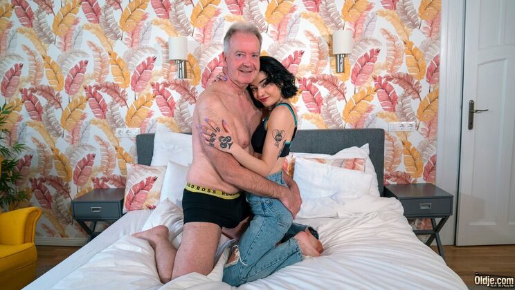 Tattooed Skinny Girl Takes Older Man's Cock