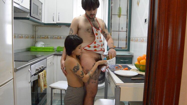 Brunette With Tattoos Gives Handjob During Food Play